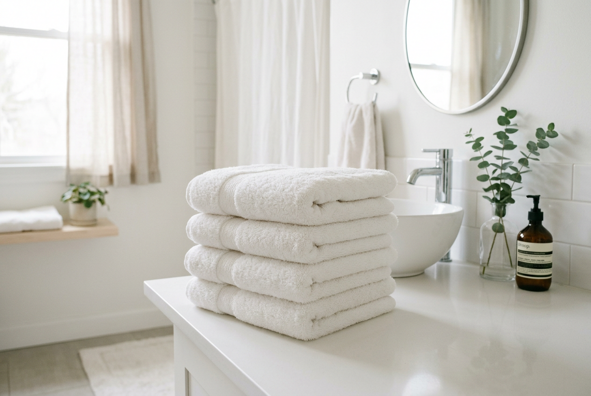 How to soften towels naturally: fluffy folded white towels with wool dryer balls and a Read The Label London natural fabric softener bottle