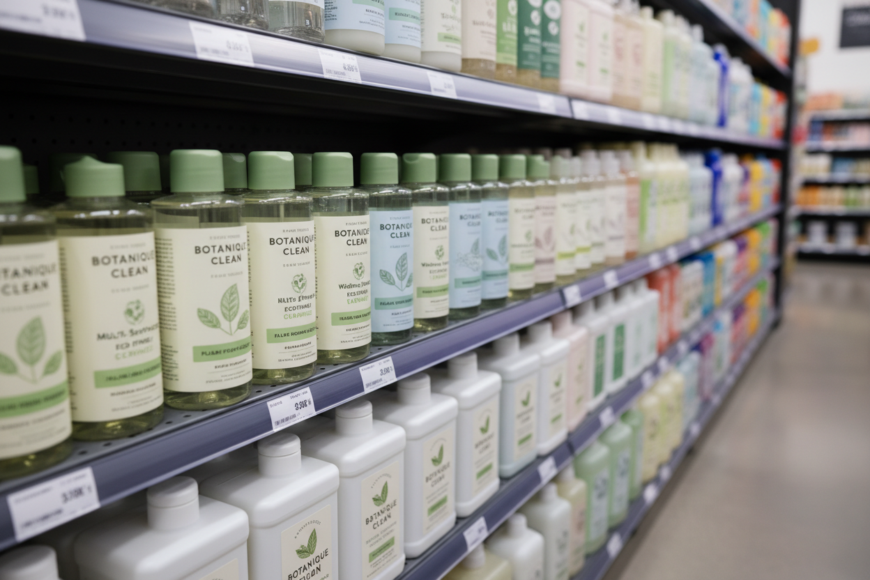Supermarket shelf with colourful conventional cleaning products — a typical UK aisle of washing up liquids, surface sprays and laundry detergents