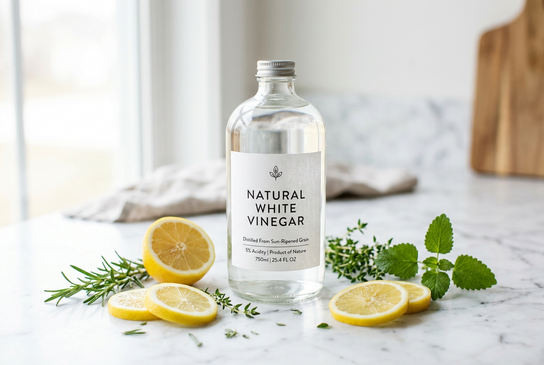 Natural alternatives to fabric softener: white vinegar, bicarbonate of soda and wool dryer balls beside a Read The Label London natural fabric softener bottle